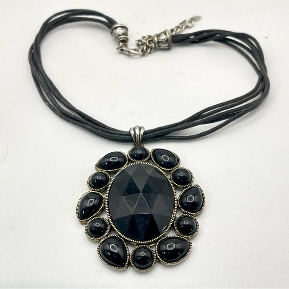 Bold Black Acrylic Pendant on Multi Strand Cords Statement Necklace VGC - Picture 3 of 14